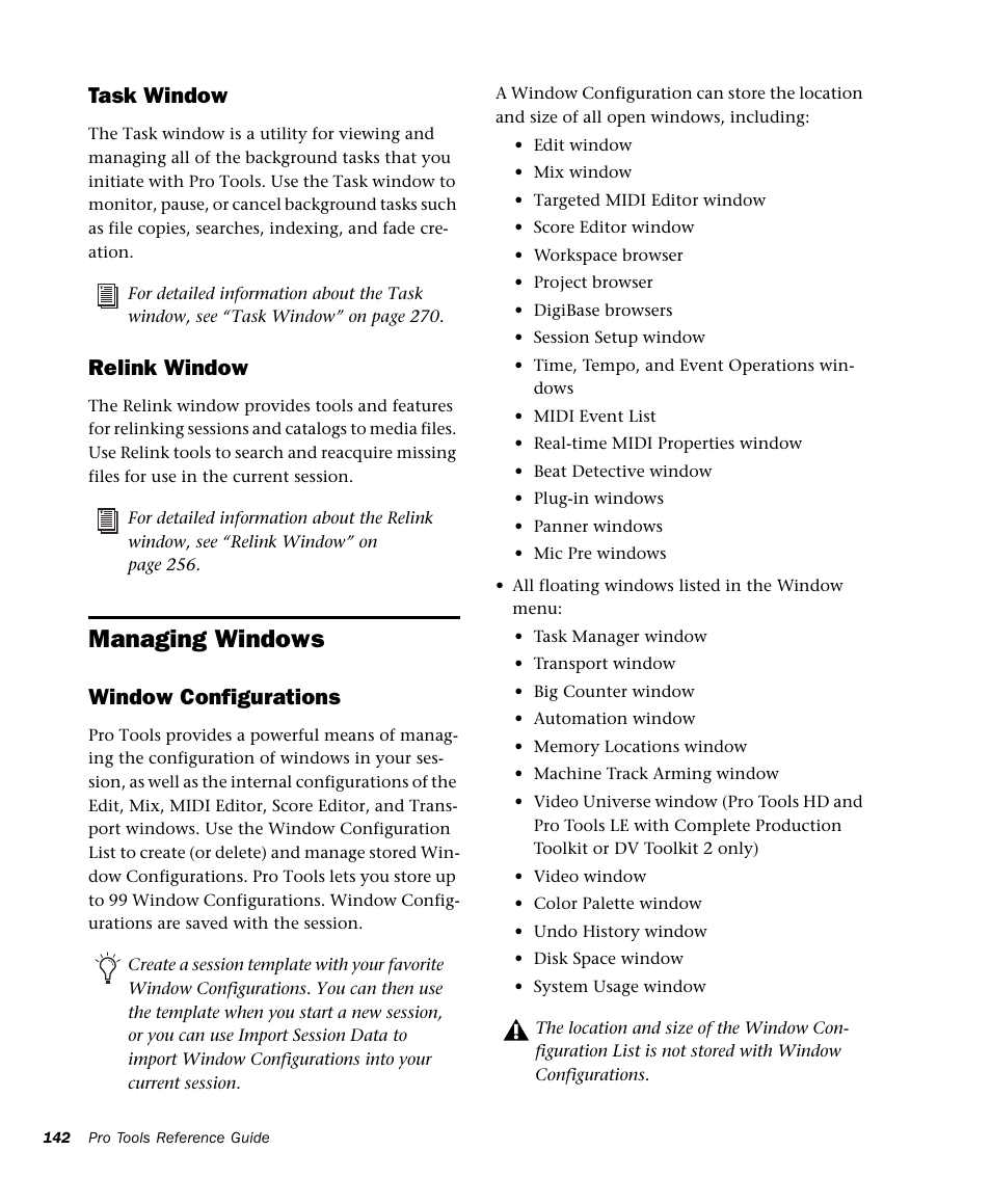 Managing windows, Task window, Relink window | Window configurations | M-AUDIO Pro Tools Recording Studio User Manual | Page 160 / 1112