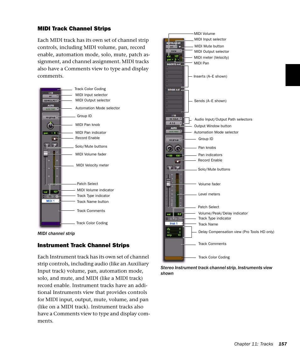 Midi track channel strips, Instrument track channel strips | M-AUDIO Pro Tools Recording Studio User Manual | Page 175 / 1112