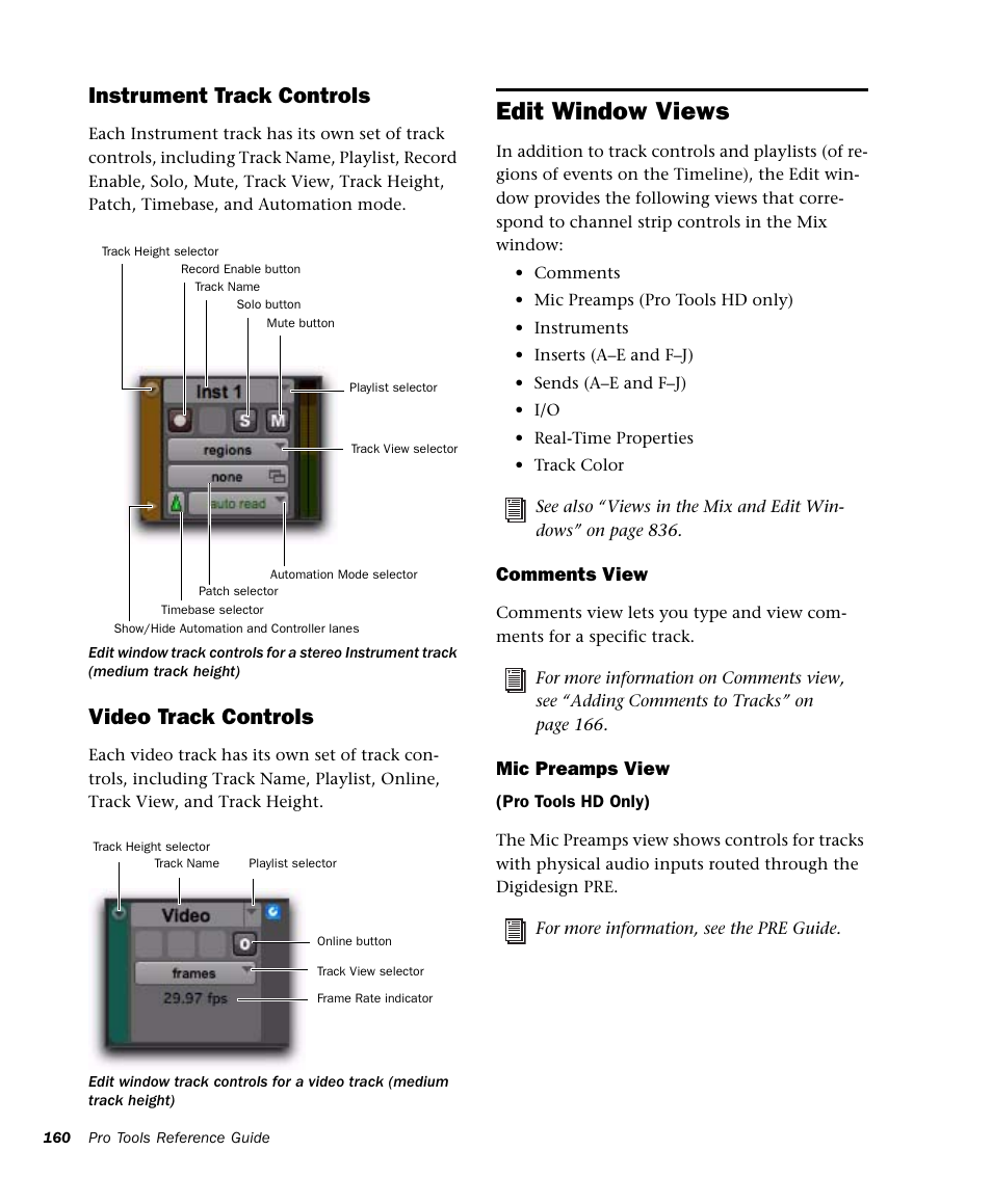 Edit window views, Instrument track controls, Video track controls | M-AUDIO Pro Tools Recording Studio User Manual | Page 178 / 1112