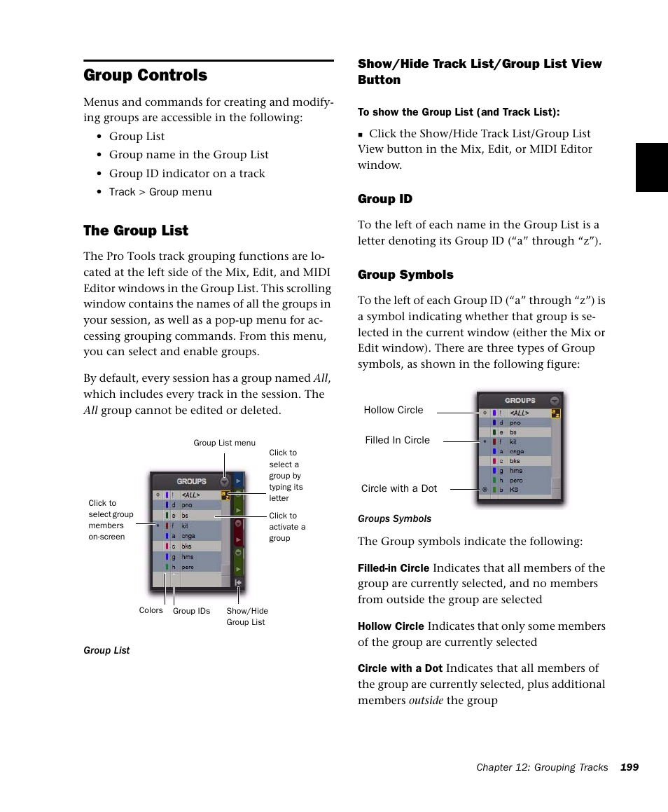 Group controls, The group list | M-AUDIO Pro Tools Recording Studio User Manual | Page 217 / 1112