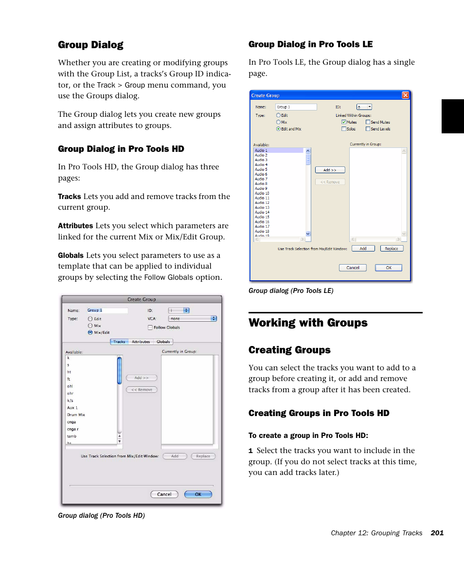 Working with groups, Group dialog, Creating groups | M-AUDIO Pro Tools Recording Studio User Manual | Page 219 / 1112