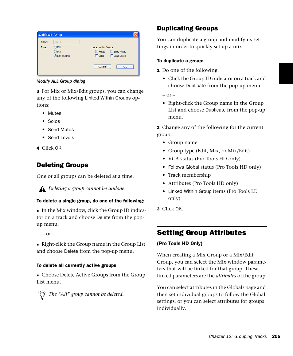 Setting group attributes, Deleting groups, Duplicating groups | M-AUDIO Pro Tools Recording Studio User Manual | Page 223 / 1112