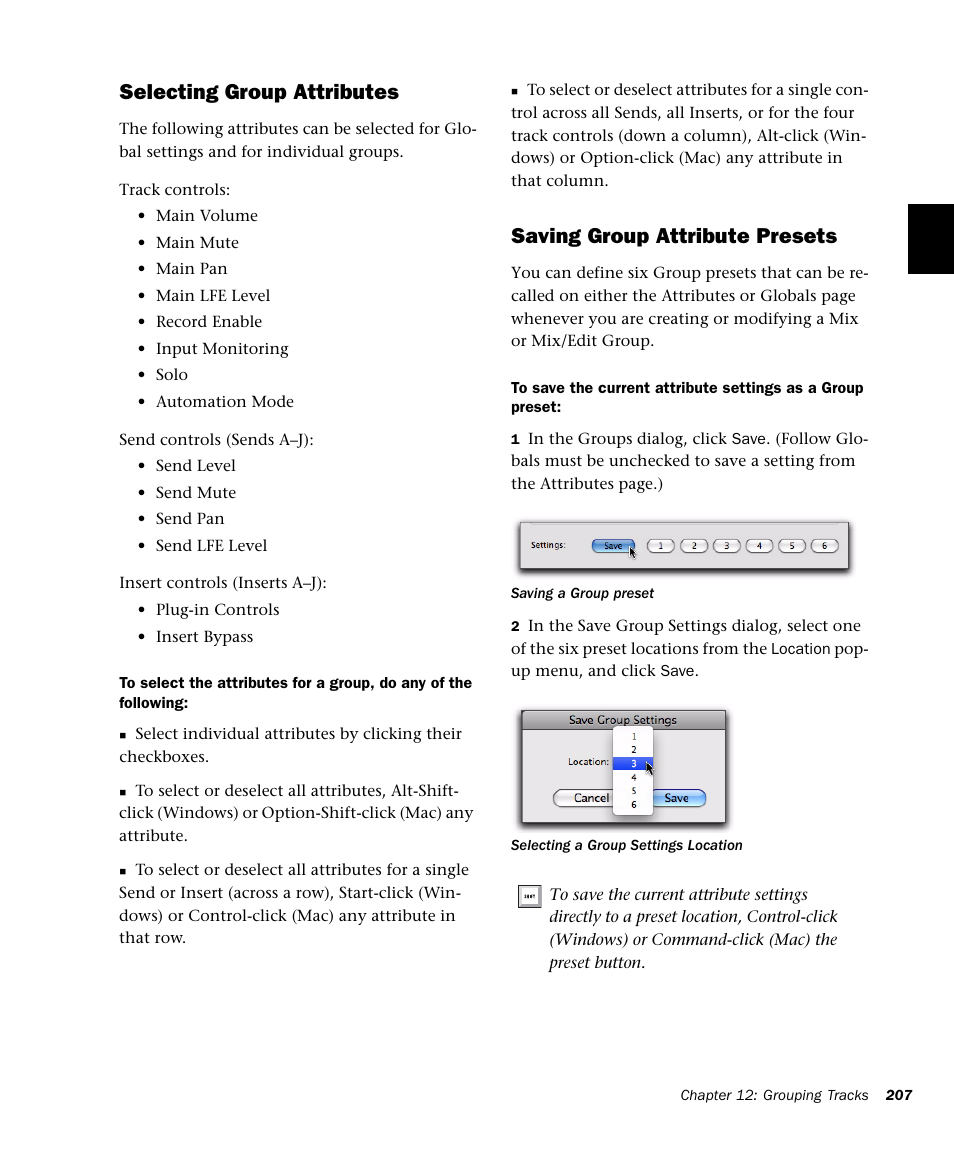 Selecting group attributes, Saving group attribute presets | M-AUDIO Pro Tools Recording Studio User Manual | Page 225 / 1112