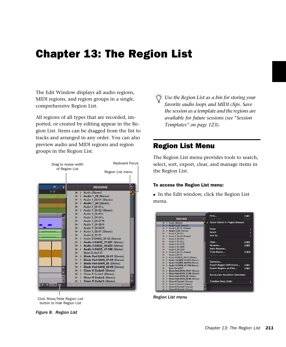 Chapter 13: the region list, Region list menu, R 13. the region list | Information, see chapter 13, “the region list, See chapter 13, “the region list | M-AUDIO Pro Tools Recording Studio User Manual | Page 229 / 1112