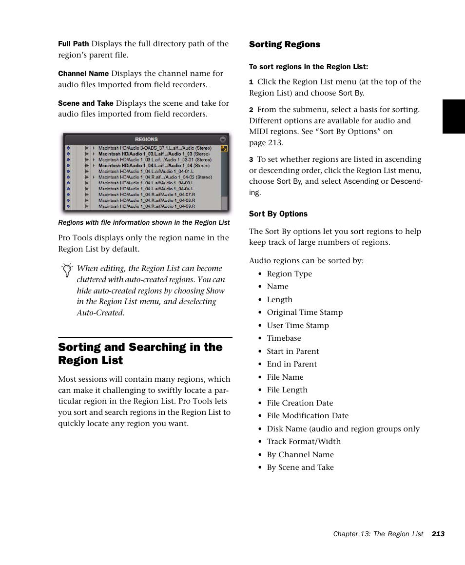 Sorting and searching in the region list | M-AUDIO Pro Tools Recording Studio User Manual | Page 231 / 1112