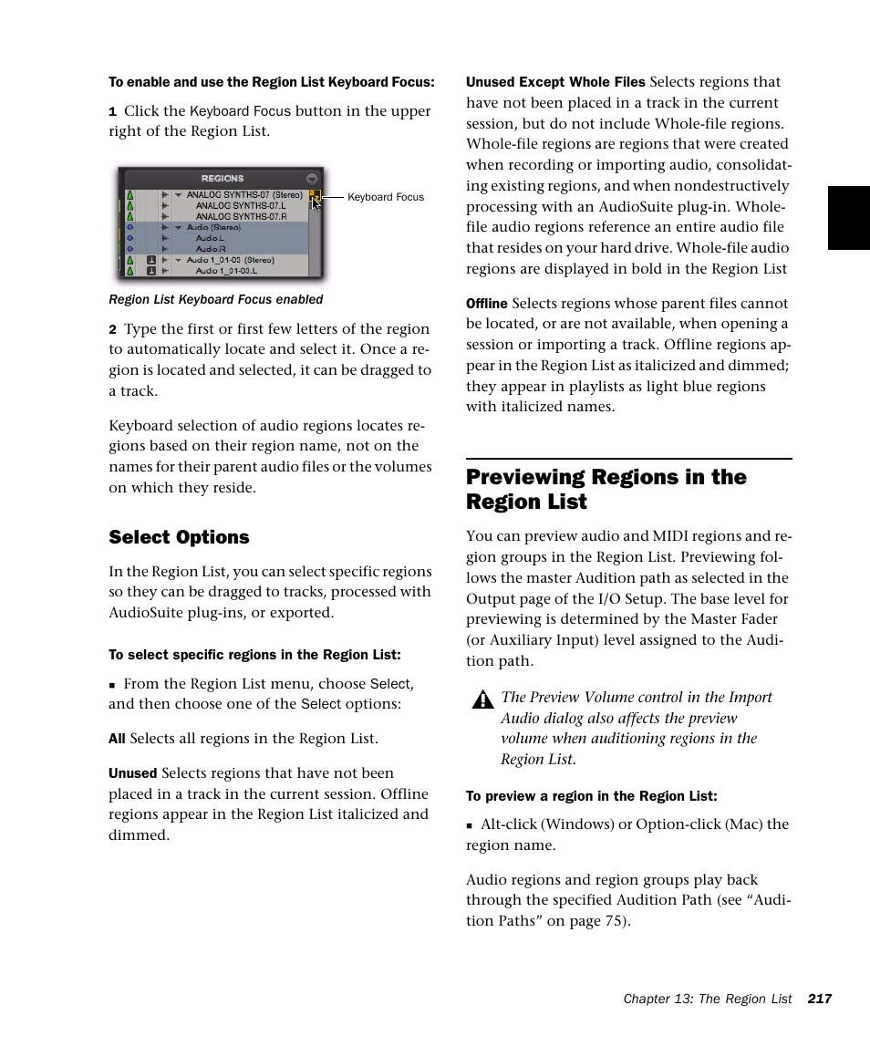 Previewing regions in the region list, Select options | M-AUDIO Pro Tools Recording Studio User Manual | Page 235 / 1112