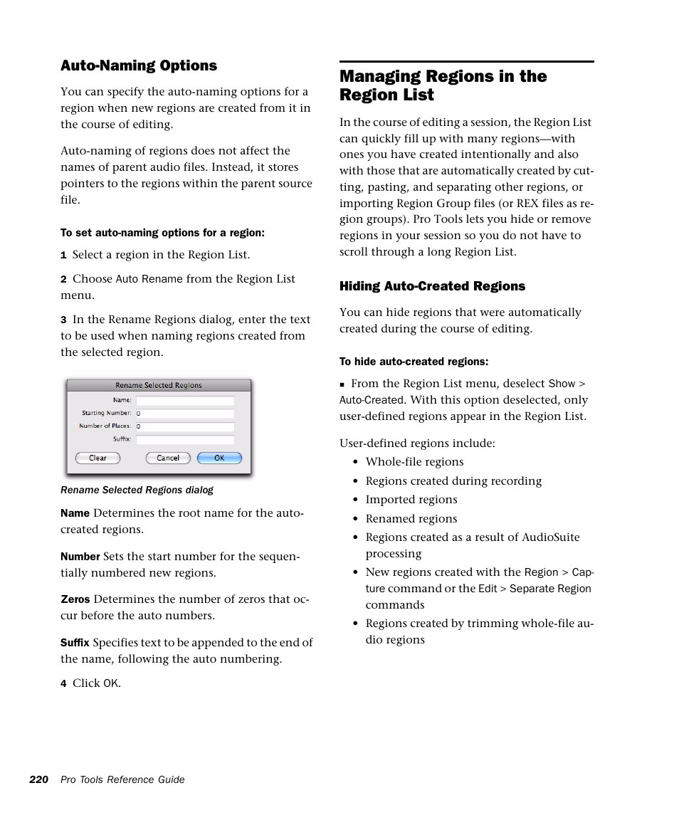 Managing regions in the region list, Auto-naming options | M-AUDIO Pro Tools Recording Studio User Manual | Page 238 / 1112