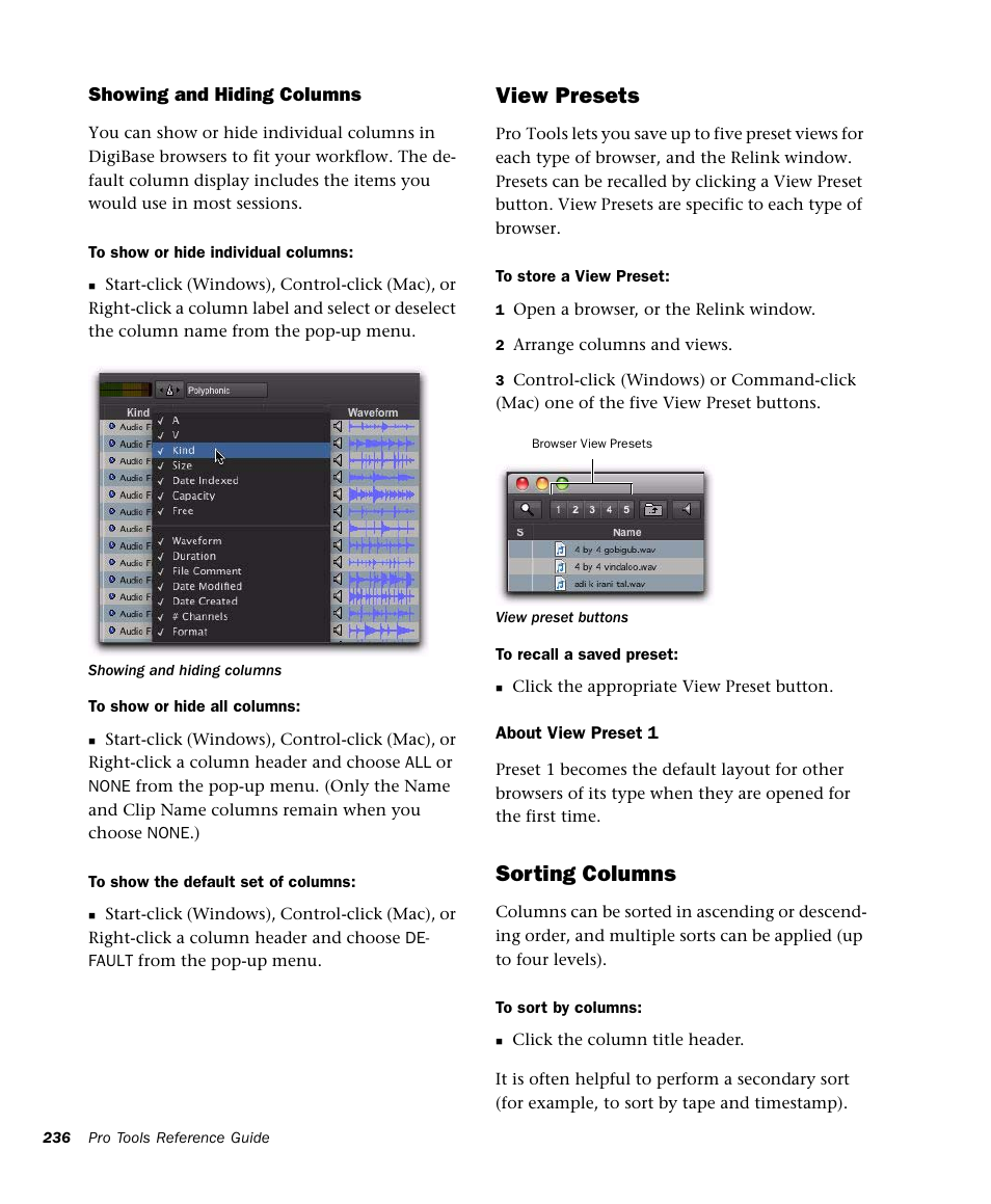 View presets, Sorting columns | M-AUDIO Pro Tools Recording Studio User Manual | Page 254 / 1112