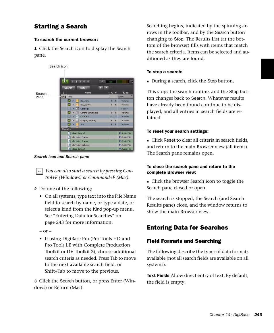 Starting a search, Entering data for searches | M-AUDIO Pro Tools Recording Studio User Manual | Page 261 / 1112