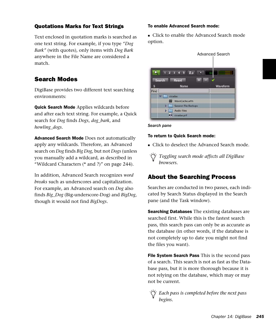 Search modes, About the searching process | M-AUDIO Pro Tools Recording Studio User Manual | Page 263 / 1112