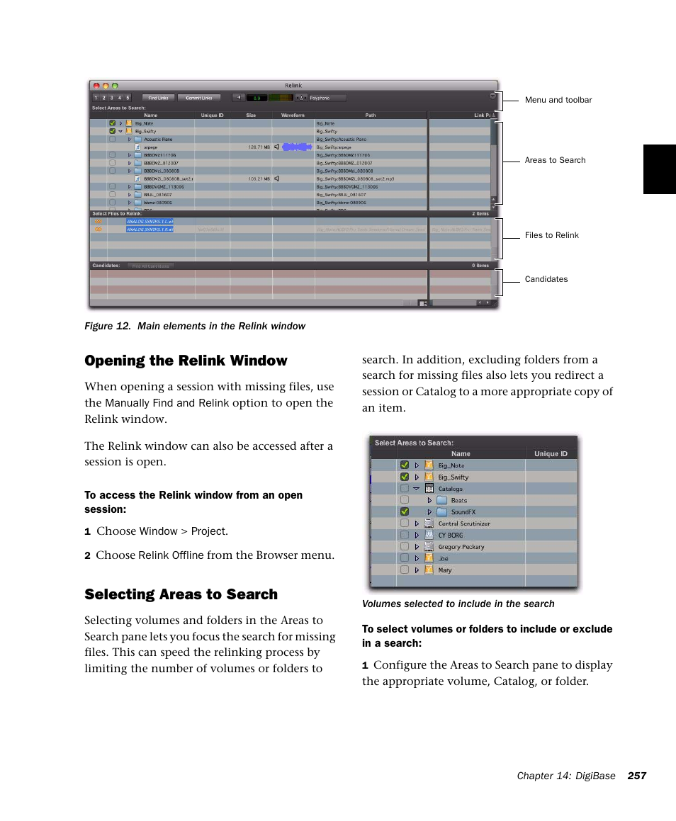 Opening the relink window, Selecting areas to search | M-AUDIO Pro Tools Recording Studio User Manual | Page 275 / 1112