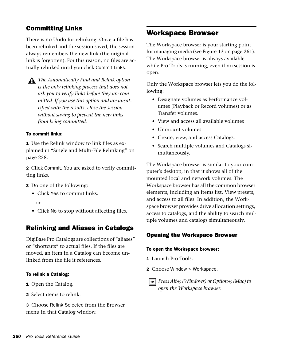 Workspace browser, Committing links, Relinking and aliases in catalogs | M-AUDIO Pro Tools Recording Studio User Manual | Page 278 / 1112