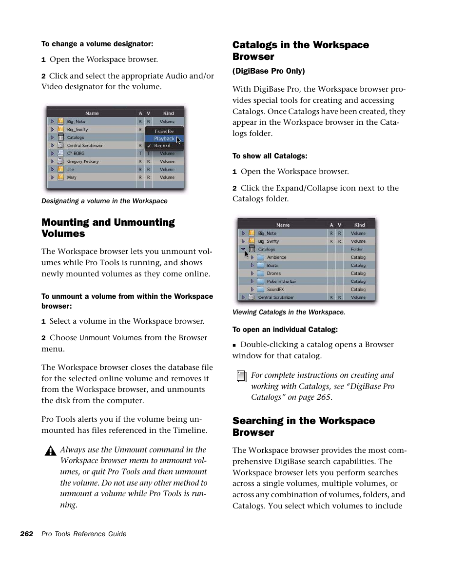 Mounting and unmounting volumes, Catalogs in the workspace browser, Searching in the workspace browser | M-AUDIO Pro Tools Recording Studio User Manual | Page 280 / 1112