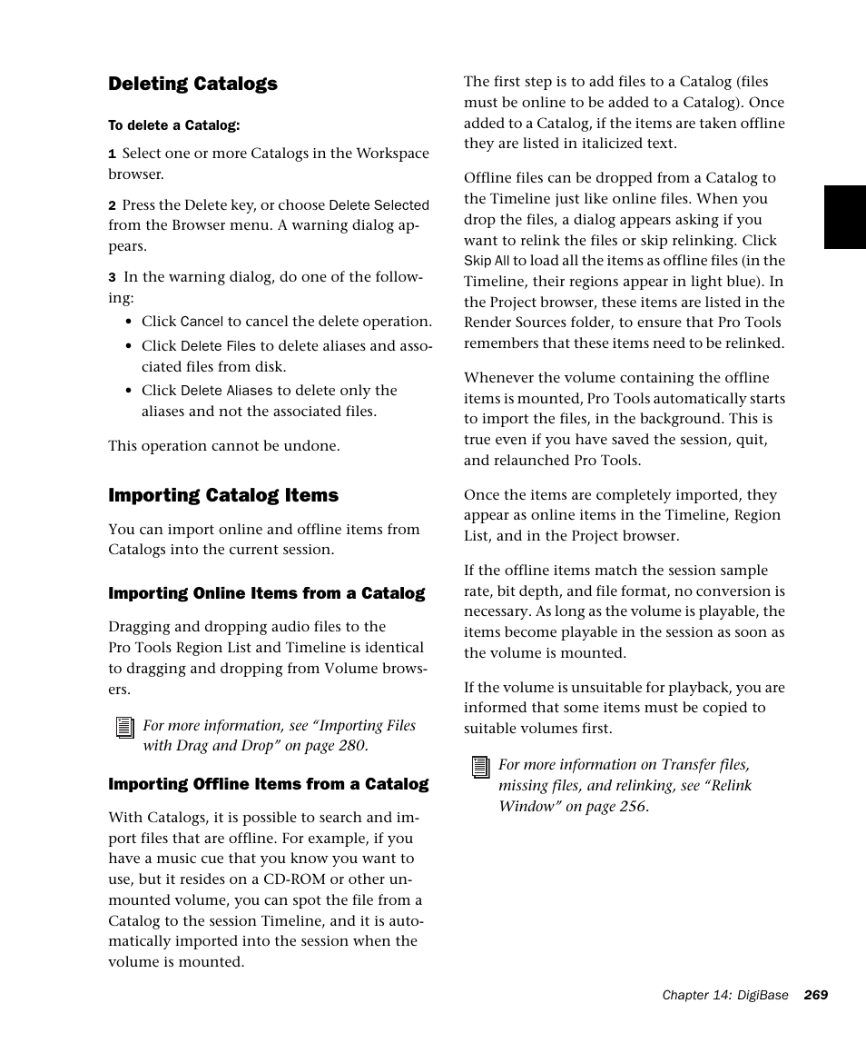 Deleting catalogs, Importing catalog items | M-AUDIO Pro Tools Recording Studio User Manual | Page 287 / 1112