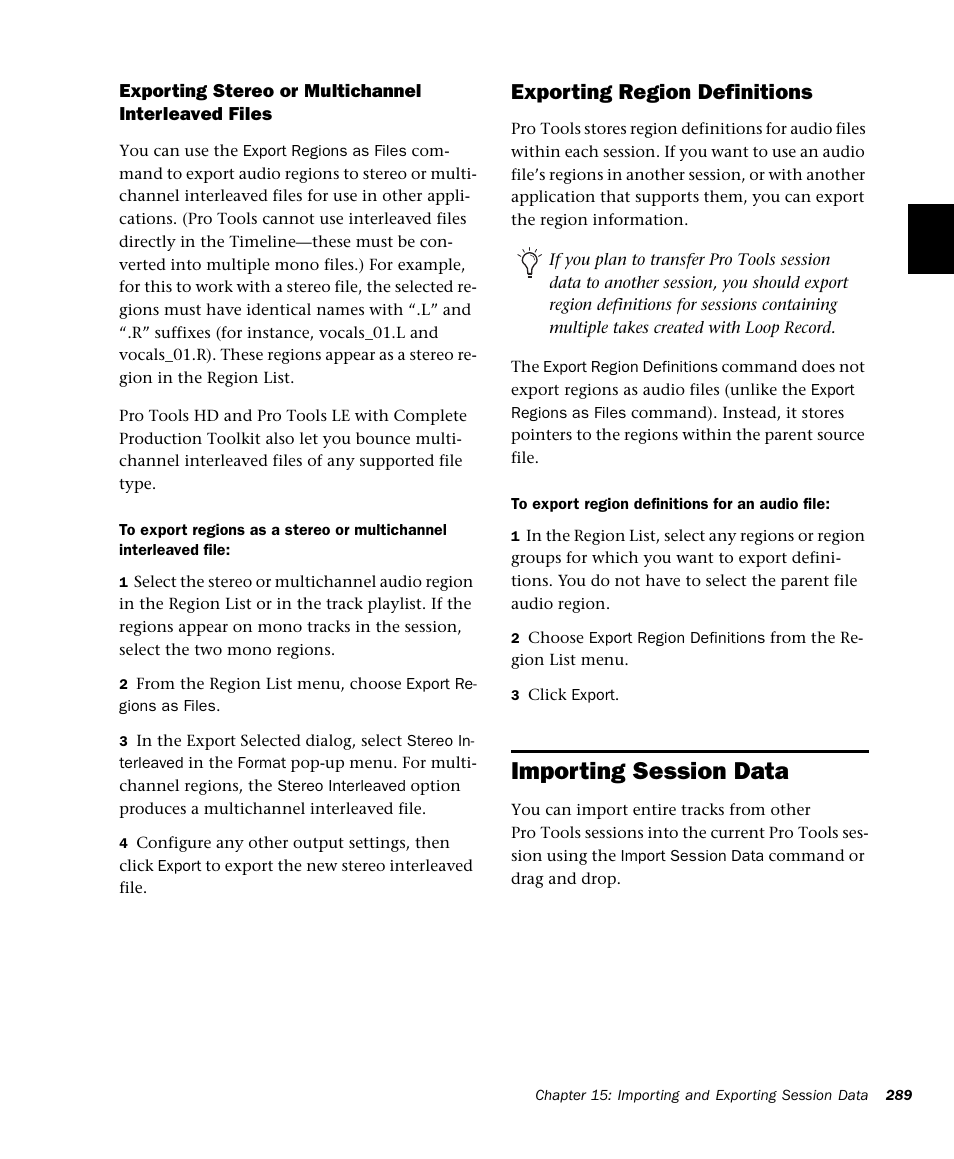 Importing session data, Exporting region definitions | M-AUDIO Pro Tools Recording Studio User Manual | Page 307 / 1112