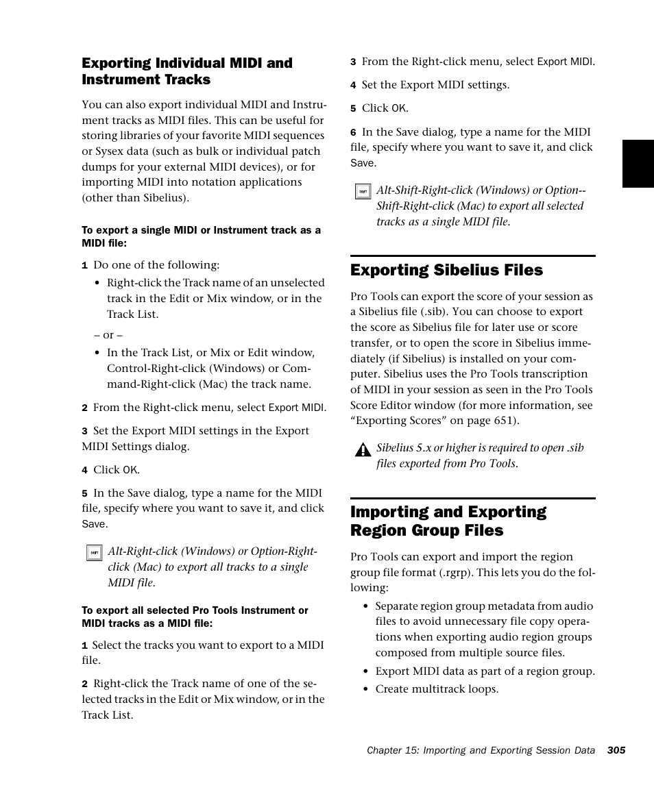 Exporting sibelius files, Importing and exporting region group files, Exporting individual midi and instrument tracks | M-AUDIO Pro Tools Recording Studio User Manual | Page 323 / 1112