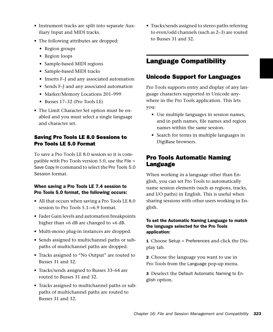 Language compatibility, Unicode support for languages, Pro tools automatic naming language | M-AUDIO Pro Tools Recording Studio User Manual | Page 341 / 1112