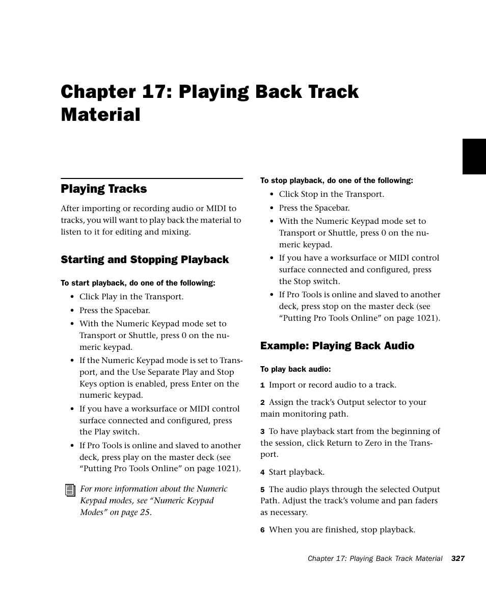 Chapter 17: playing back track material, Playing tracks, Playing back track material | Starting and stopping playback, Example: playing back audio | M-AUDIO Pro Tools Recording Studio User Manual | Page 345 / 1112