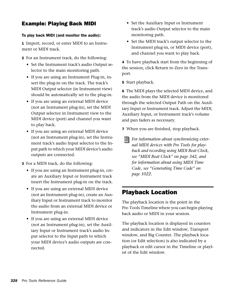 Playback location, Example: playing back midi | M-AUDIO Pro Tools Recording Studio User Manual | Page 346 / 1112
