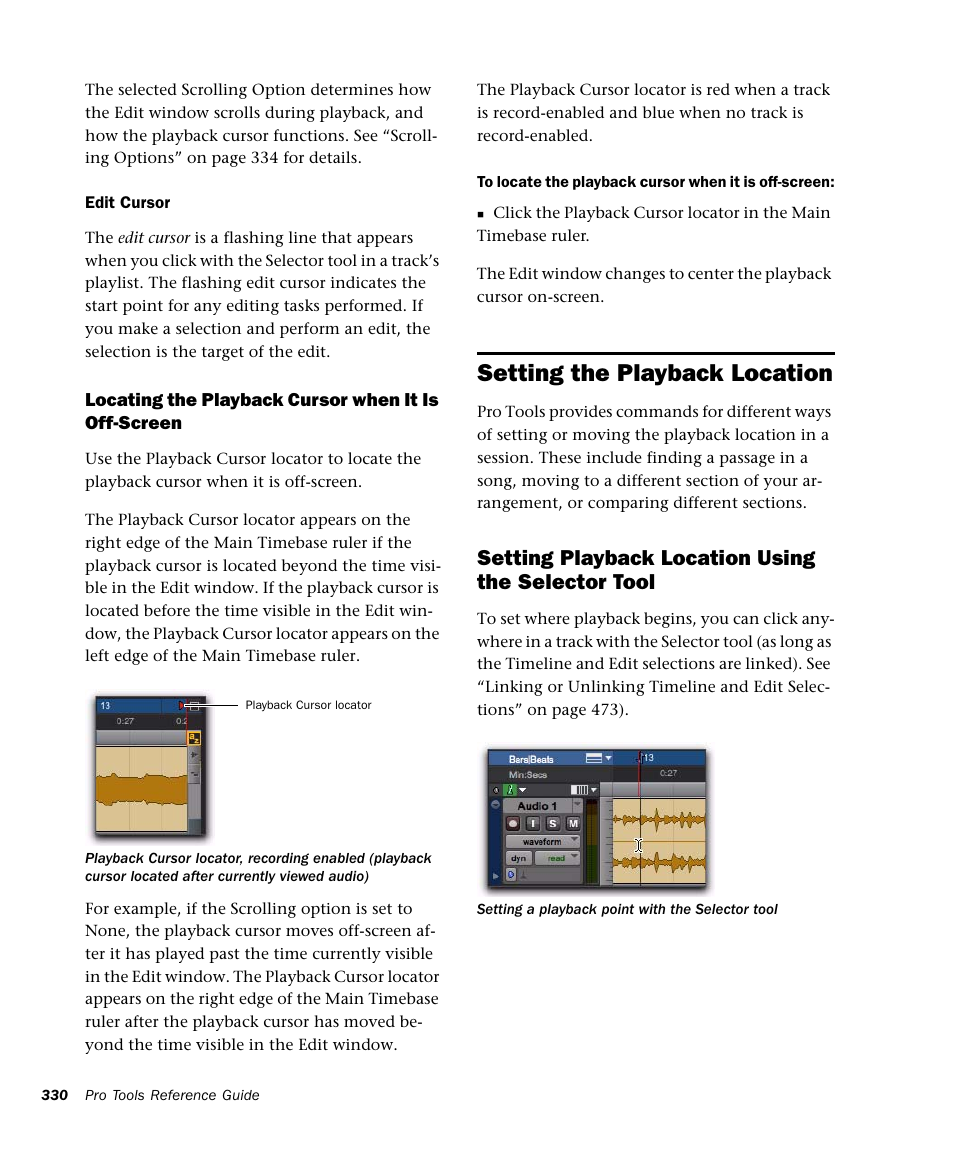 Setting the playback location, Setting playback location using the selector tool | M-AUDIO Pro Tools Recording Studio User Manual | Page 348 / 1112