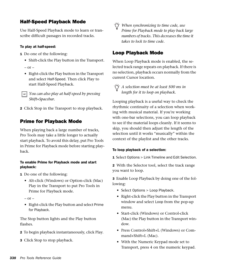 Half-speed playback mode, Prime for playback mode, Loop playback mode | M-AUDIO Pro Tools Recording Studio User Manual | Page 356 / 1112