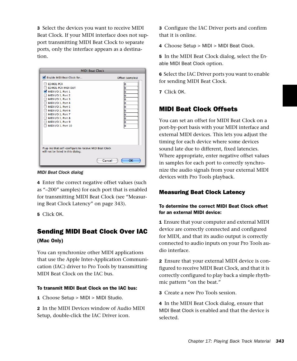 Sending midi beat clock over iac, Midi beat clock offsets | M-AUDIO Pro Tools Recording Studio User Manual | Page 361 / 1112