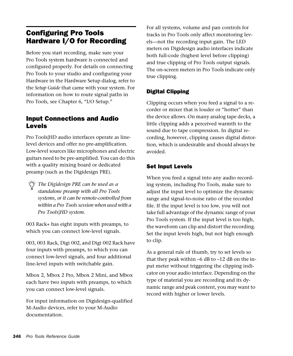 Configuring pro tools hardware i/o for recording, Configuring pro tools hardware i/o for re, Input connections and audio levels | M-AUDIO Pro Tools Recording Studio User Manual | Page 364 / 1112