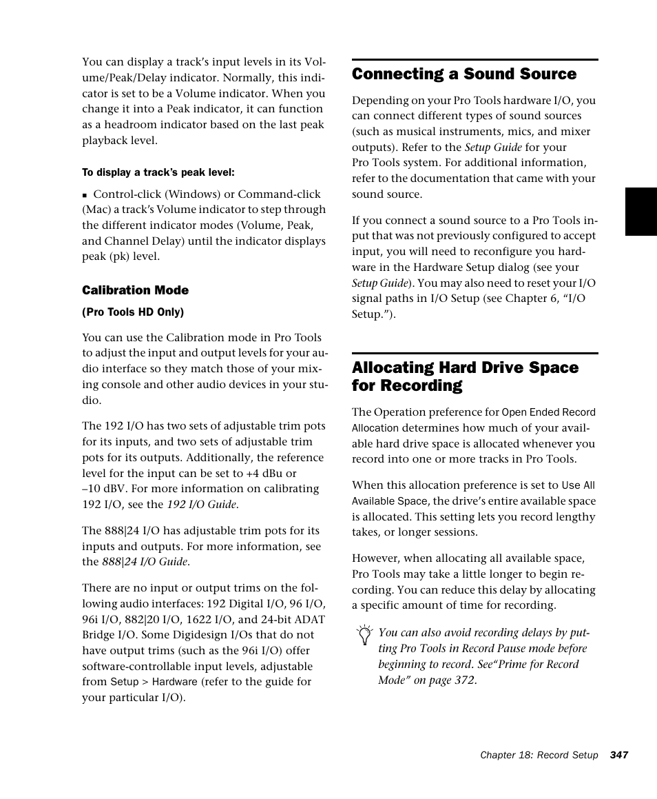 Connecting a sound source, Allocating hard drive space for recording, Allocating hard drive space for record | M-AUDIO Pro Tools Recording Studio User Manual | Page 365 / 1112