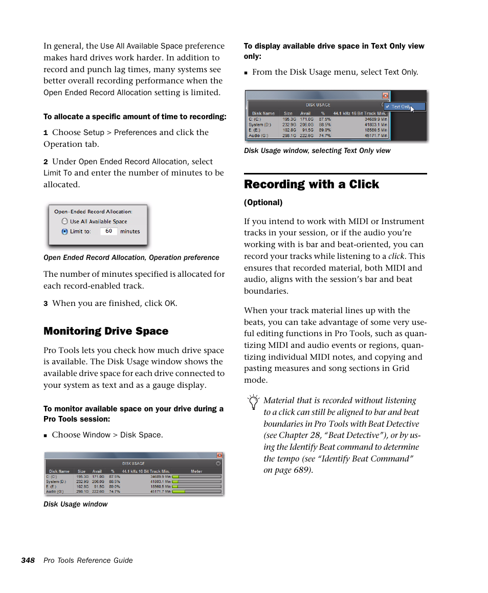 Recording with a click, Monitoring drive space | M-AUDIO Pro Tools Recording Studio User Manual | Page 366 / 1112