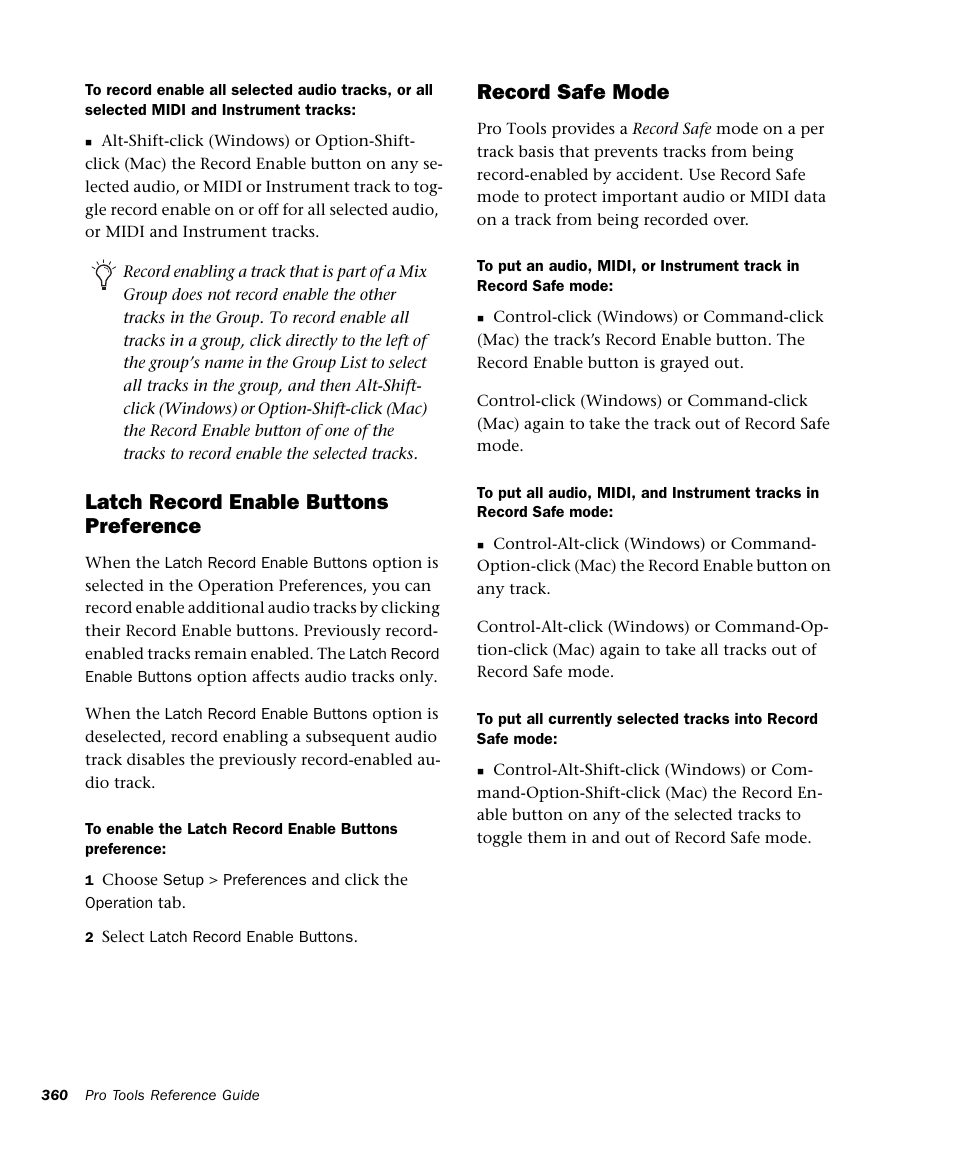 Latch record enable buttons preference, Record safe mode | M-AUDIO Pro Tools Recording Studio User Manual | Page 378 / 1112