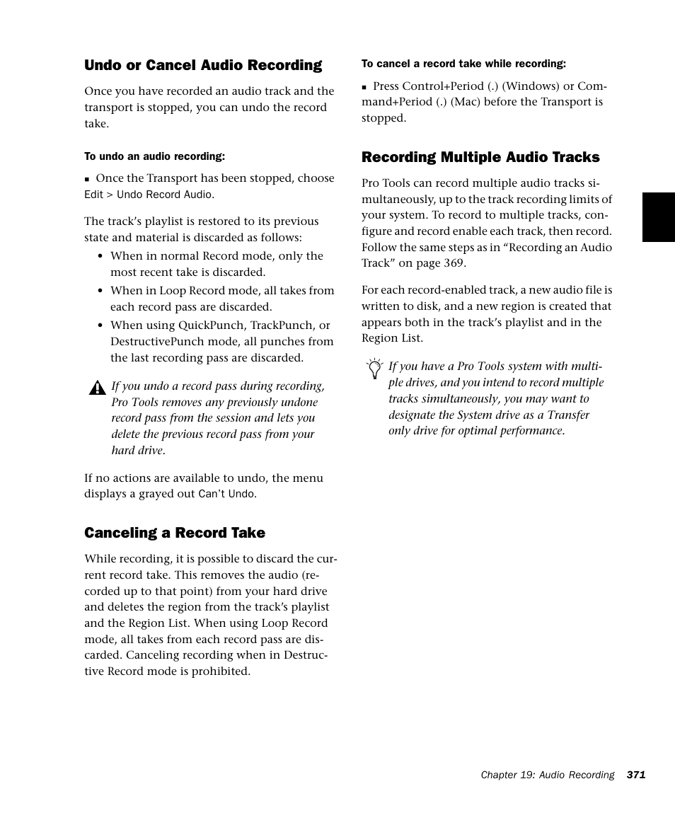 Undo or cancel audio recording, Canceling a record take, Recording multiple audio tracks | M-AUDIO Pro Tools Recording Studio User Manual | Page 389 / 1112