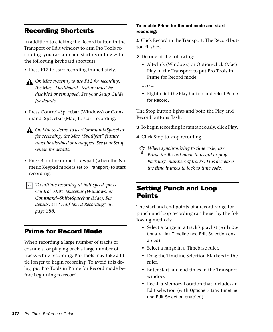 Recording shortcuts, Prime for record mode, Setting punch and loop points | M-AUDIO Pro Tools Recording Studio User Manual | Page 390 / 1112