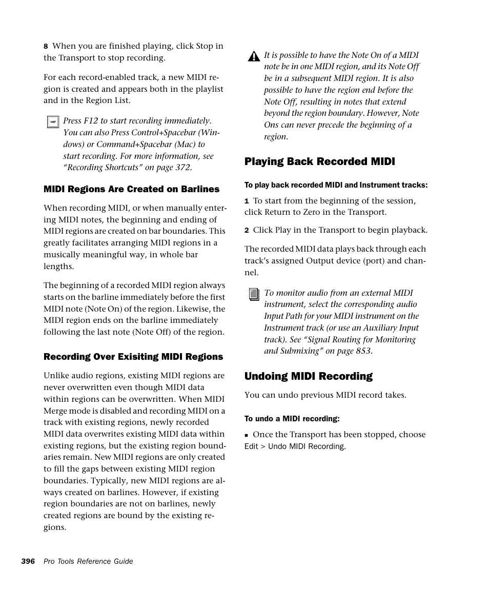 Playing back recorded midi, Undoing midi recording | M-AUDIO Pro Tools Recording Studio User Manual | Page 414 / 1112