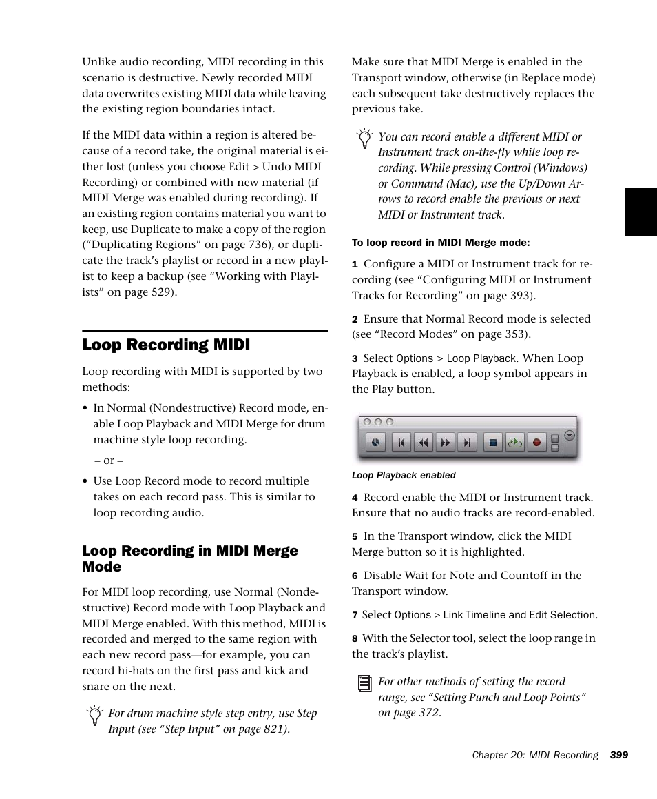 Loop recording midi, Loop recording in midi merge mode | M-AUDIO Pro Tools Recording Studio User Manual | Page 417 / 1112