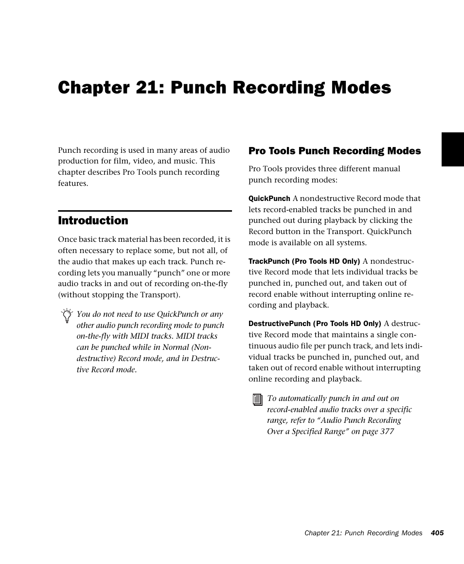 Chapter 21: punch recording modes, Introduction, Punch recording modes | Chapter 21, “punch recording modes | M-AUDIO Pro Tools Recording Studio User Manual | Page 423 / 1112