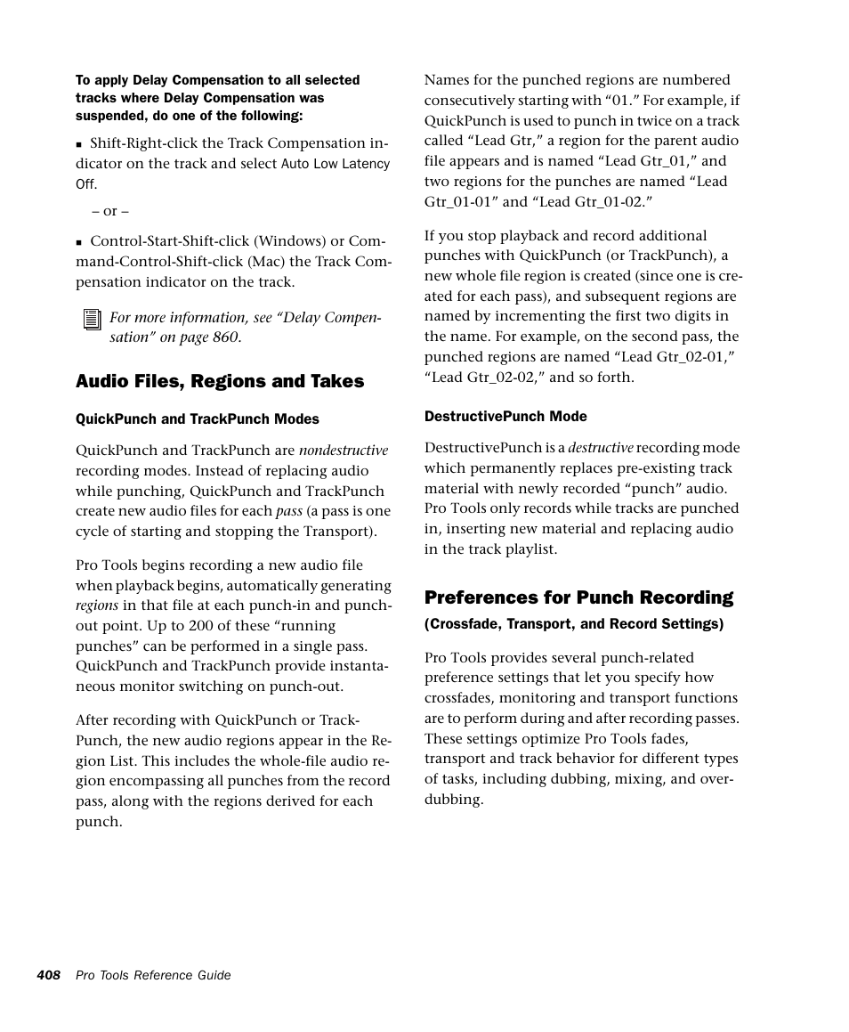 Audio files, regions and takes, Preferences for punch recording | M-AUDIO Pro Tools Recording Studio User Manual | Page 426 / 1112