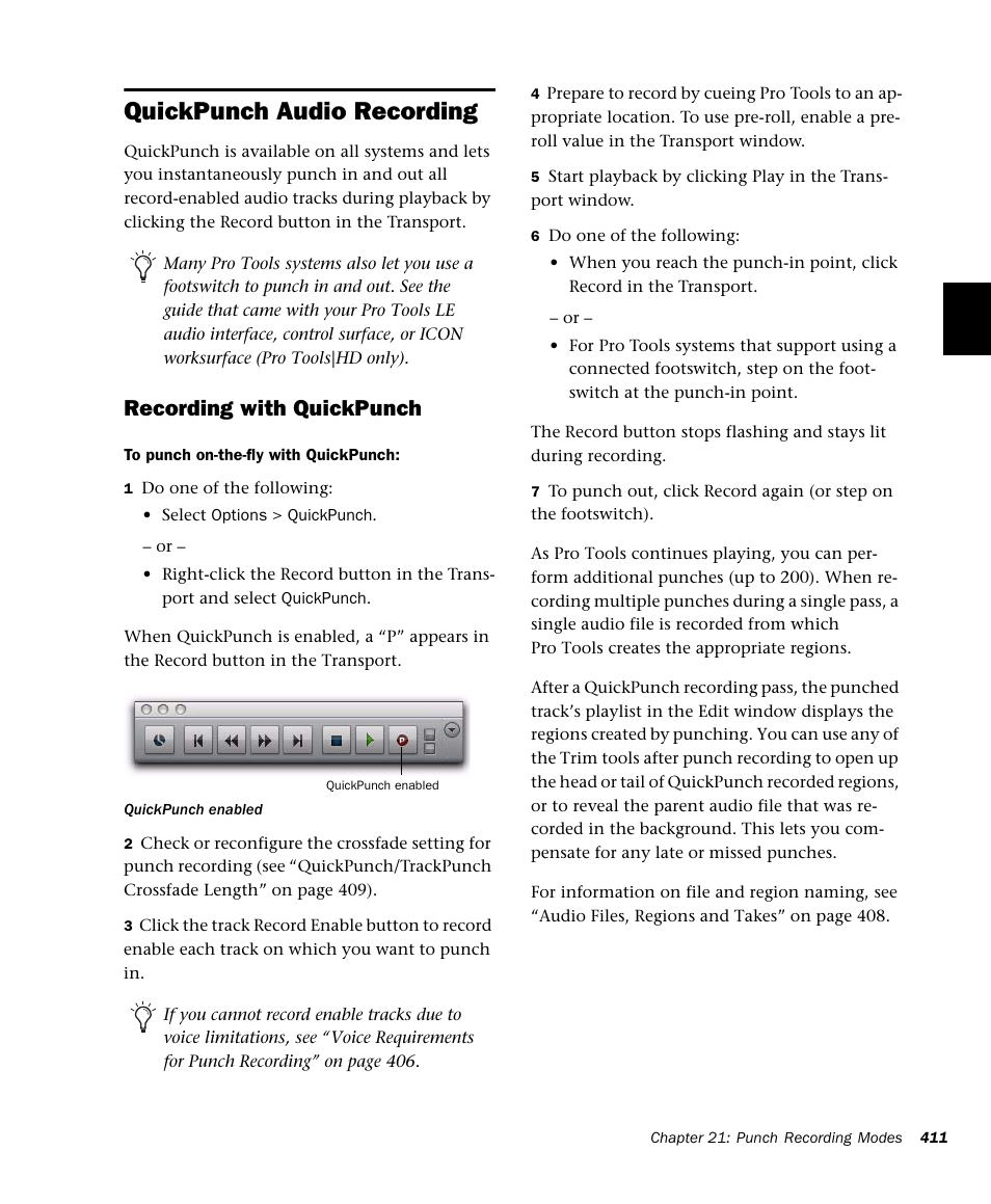 Quickpunch audio recording, Recording with quickpunch | M-AUDIO Pro Tools Recording Studio User Manual | Page 429 / 1112