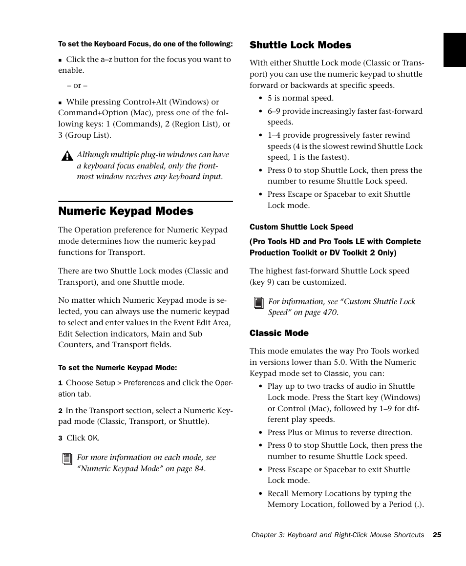 Numeric keypad modes, Shuttle lock modes | M-AUDIO Pro Tools Recording Studio User Manual | Page 43 / 1112