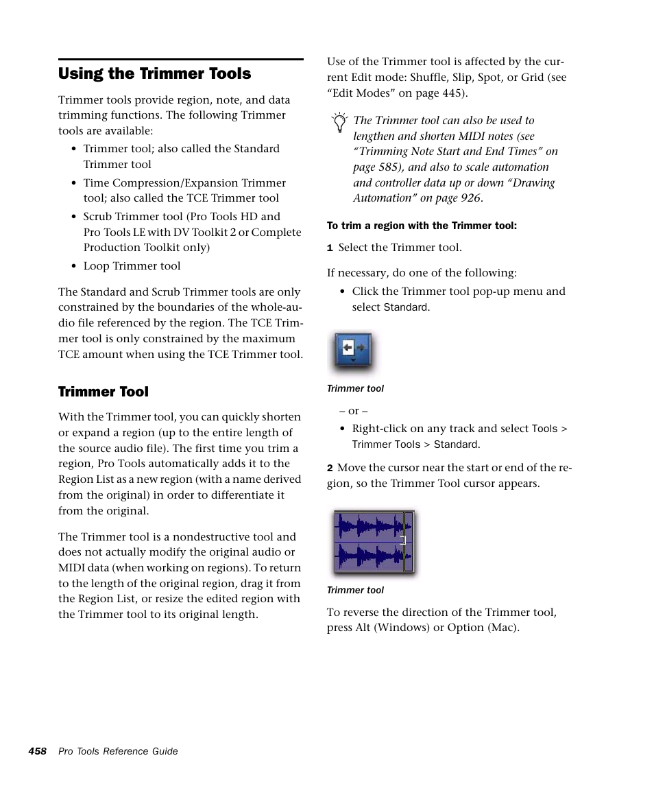 Using the trimmer tools, Trimmer tool | M-AUDIO Pro Tools Recording Studio User Manual | Page 476 / 1112