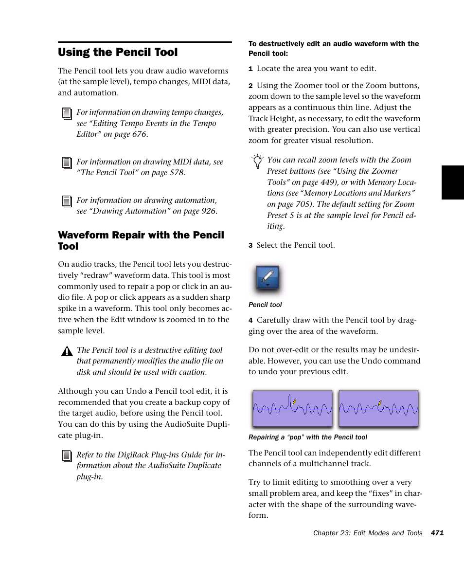 Using the pencil tool, Waveform repair with the pencil tool | M-AUDIO Pro Tools Recording Studio User Manual | Page 489 / 1112