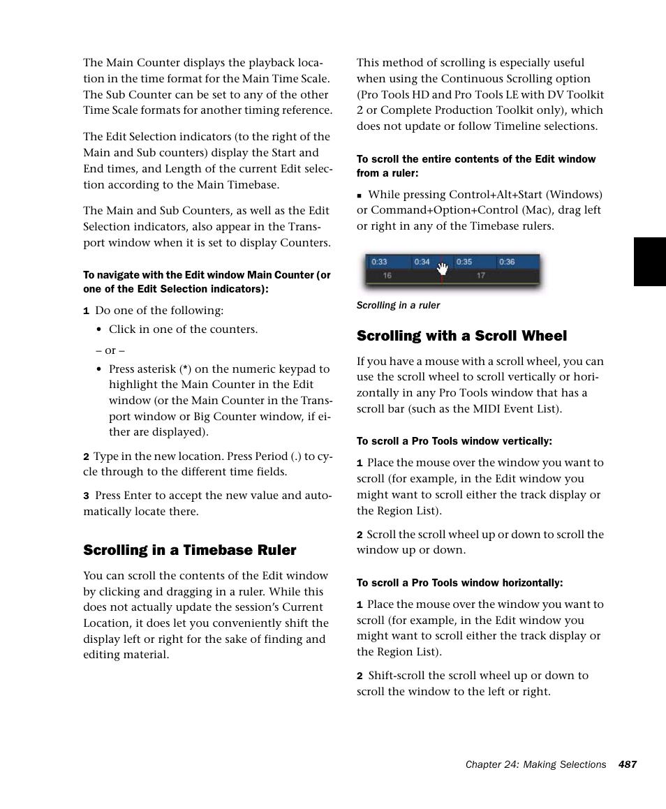 Scrolling in a timebase ruler, Scrolling with a scroll wheel | M-AUDIO Pro Tools Recording Studio User Manual | Page 505 / 1112