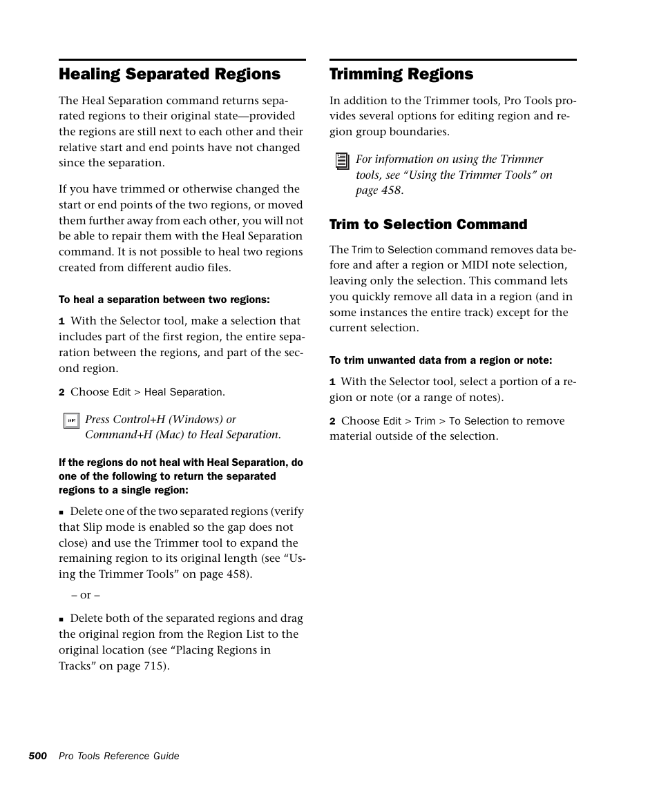 Healing separated regions, Trimming regions, Trim to selection command | M-AUDIO Pro Tools Recording Studio User Manual | Page 518 / 1112