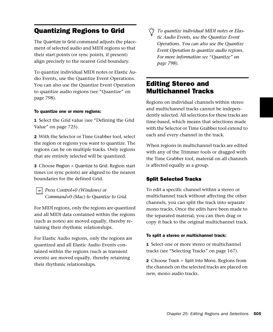 Quantizing regions to grid, Editing stereo and multichannel tracks | M-AUDIO Pro Tools Recording Studio User Manual | Page 523 / 1112