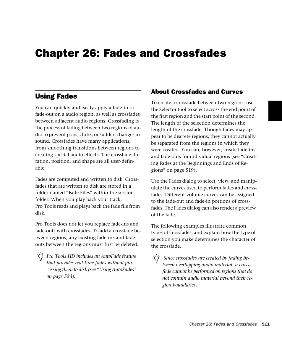 Chapter 26: fades and crossfades, Using fades, Fades and crossfades | See chapter 26 | M-AUDIO Pro Tools Recording Studio User Manual | Page 529 / 1112