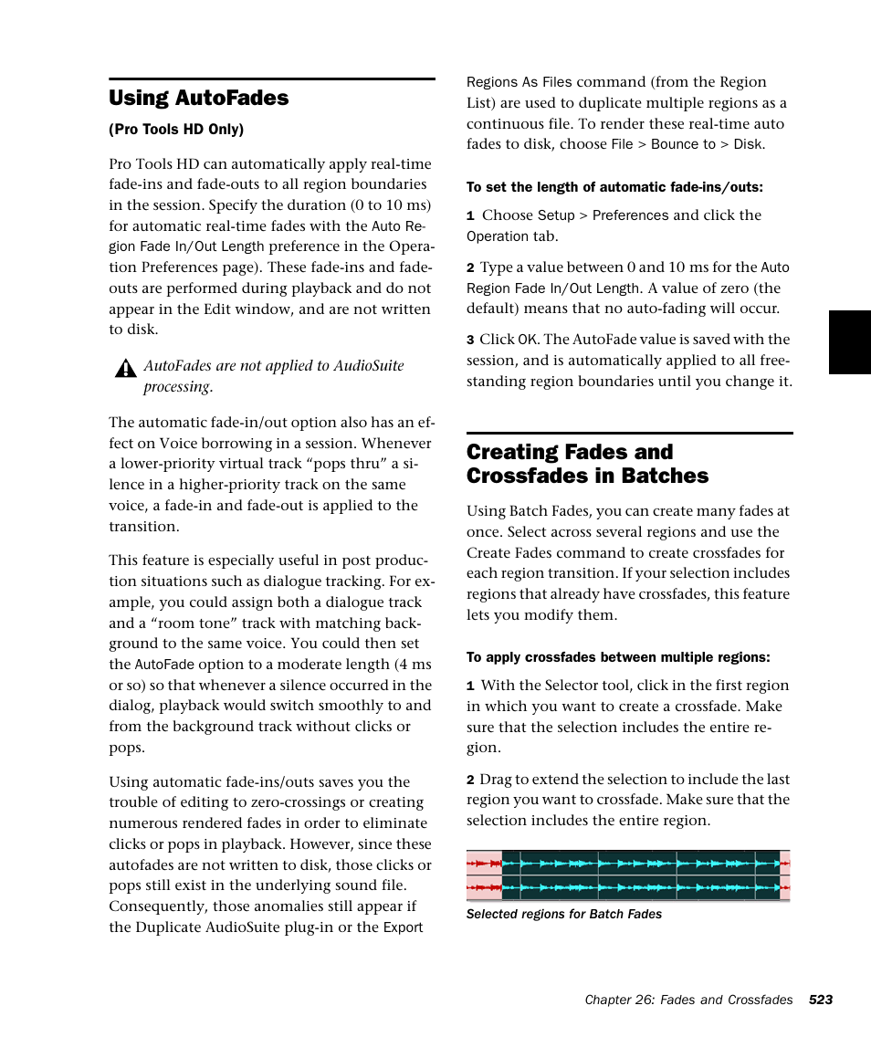 Using autofades, Creating fades and crossfades in batches | M-AUDIO Pro Tools Recording Studio User Manual | Page 541 / 1112