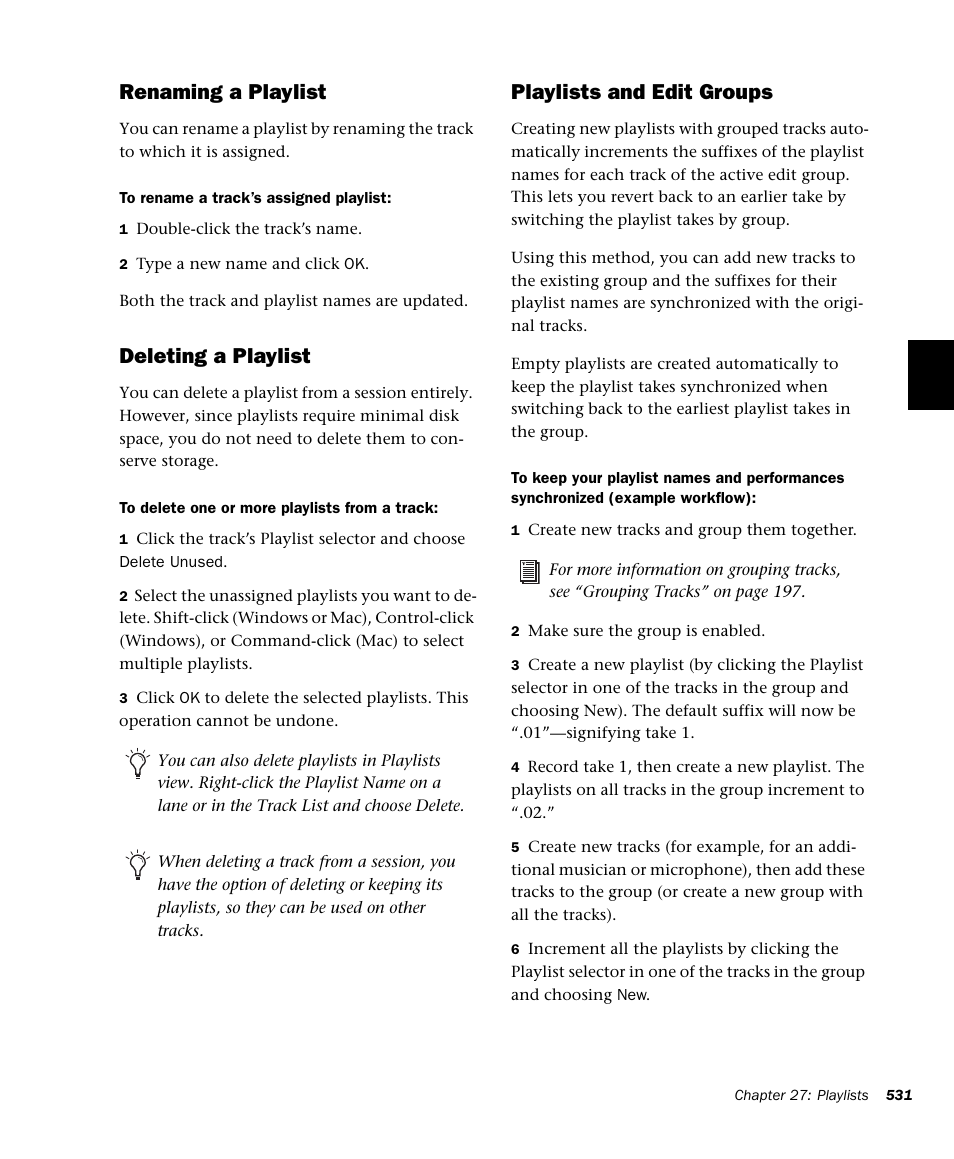 Renaming a playlist, Deleting a playlist, Playlists and edit groups | M-AUDIO Pro Tools Recording Studio User Manual | Page 549 / 1112