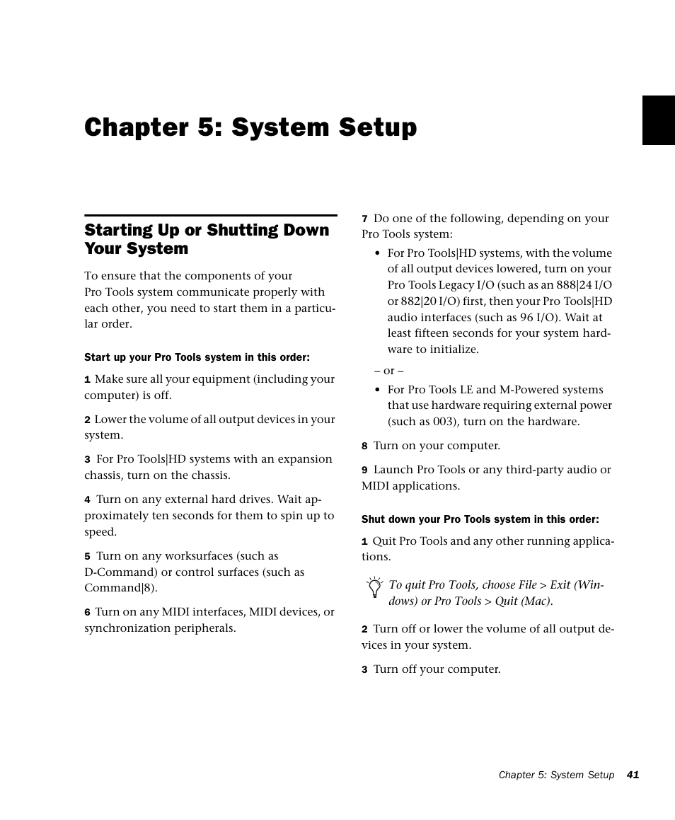 Chapter 5: system setup, Starting up or shutting down your system, Chapter 5. system setup | M-AUDIO Pro Tools Recording Studio User Manual | Page 59 / 1112