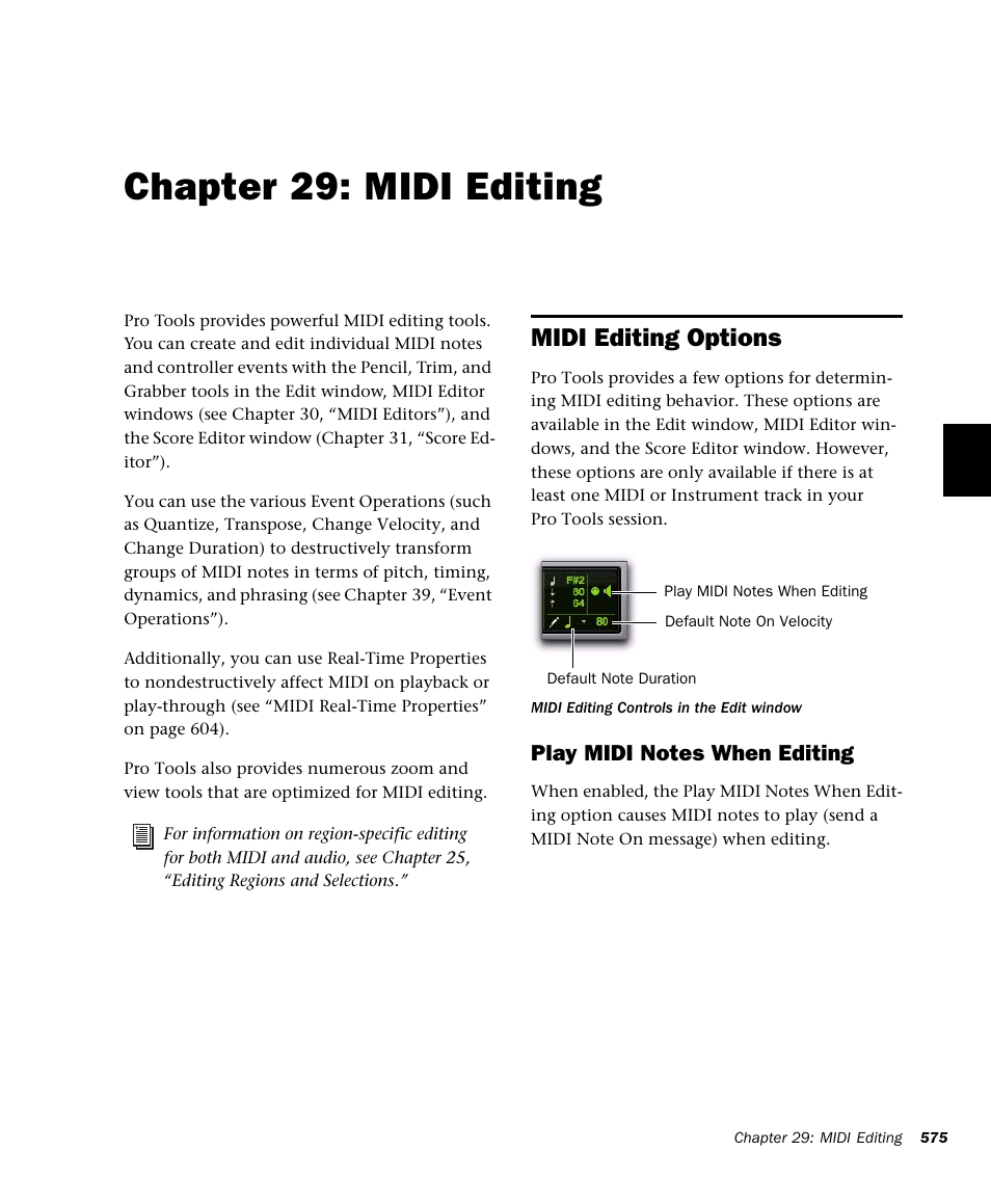 Chapter 29: midi editing, Midi editing options, R 29. midi editing | See chapter 29, “midi editing, Chapter 29, “midi editing, Di, see chapter 29, “midi editing | M-AUDIO Pro Tools Recording Studio User Manual | Page 593 / 1112