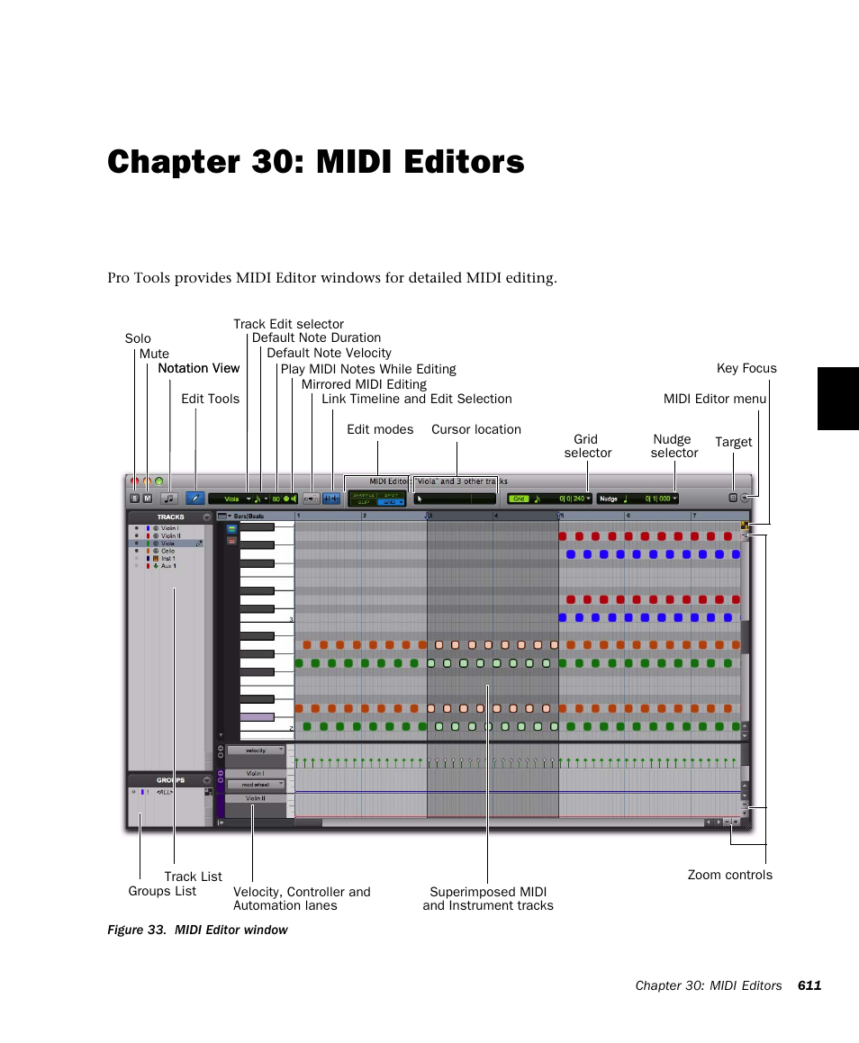 Chapter 30: midi editors, R 30. midi editors, Ee chapter 30, “midi editors”) | Chapter 30, “midi editors | M-AUDIO Pro Tools Recording Studio User Manual | Page 629 / 1112