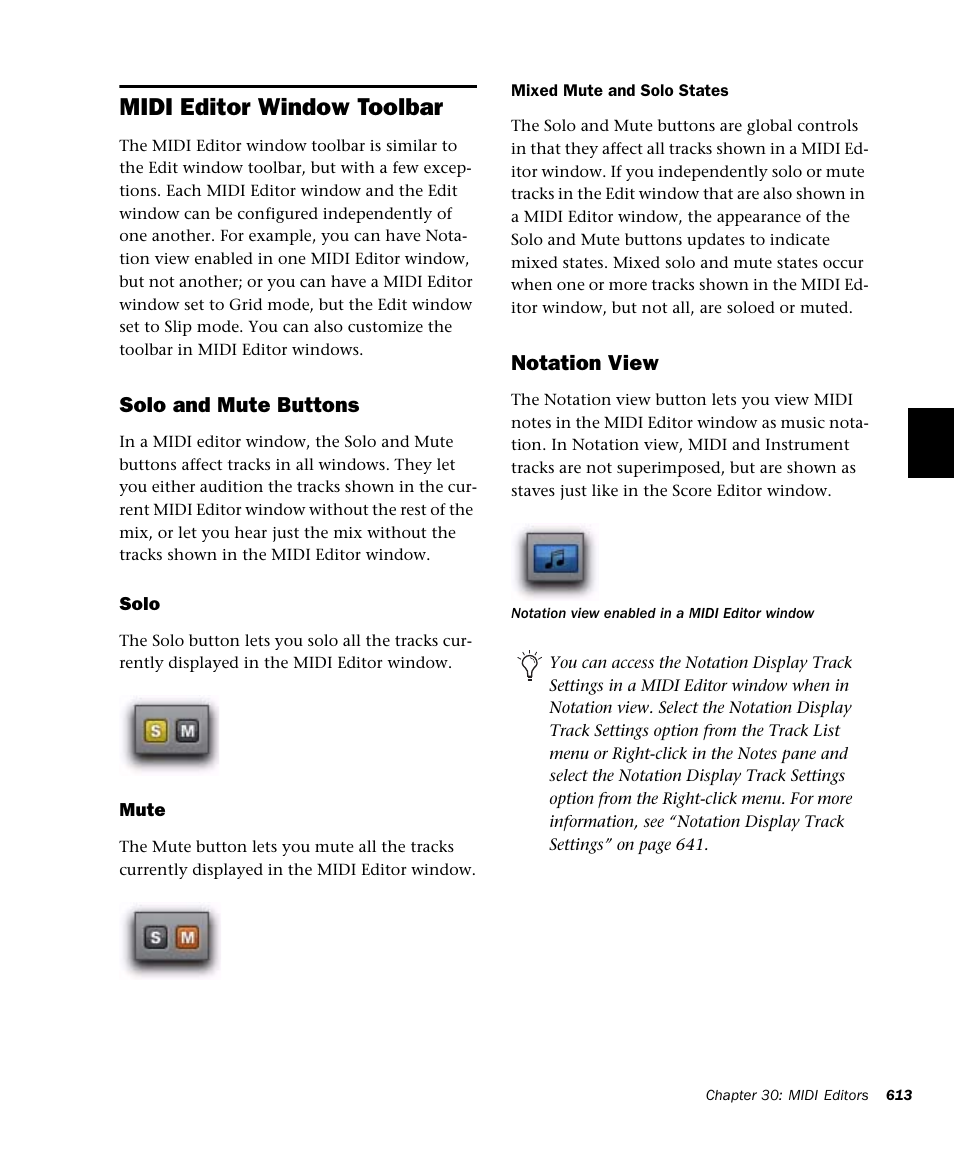 Midi editor window toolbar, Solo and mute buttons, Notation view | M-AUDIO Pro Tools Recording Studio User Manual | Page 631 / 1112